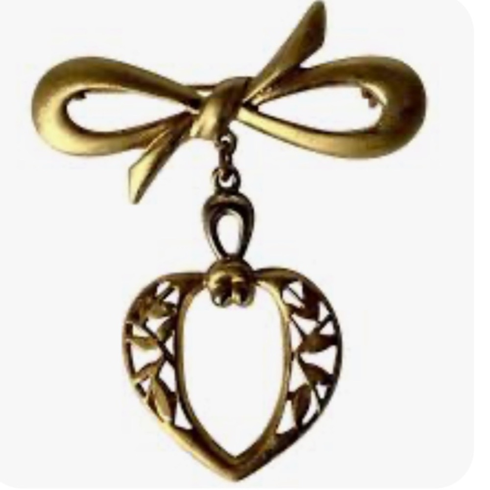 Vintage Gold Ribbon Bow With Dangle Floral Heart Charm Brooch